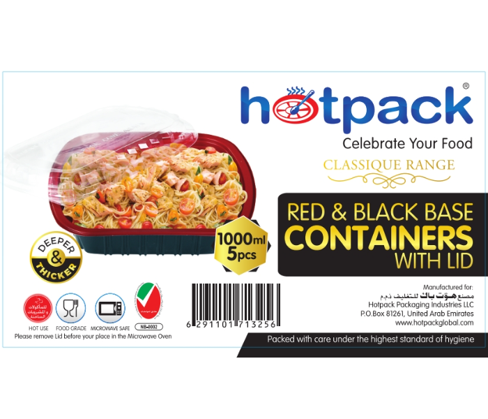 Hotpack HSMRB1000 5 Pieces 1000ml Red and Black Base Container with Lids - Zoom Image 2