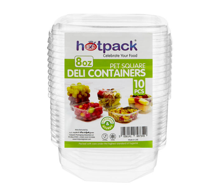 Hotpack HSMDCS8PET 10 Pieces 8oz Deli PET Container Square with Lid - Zoom Image 1