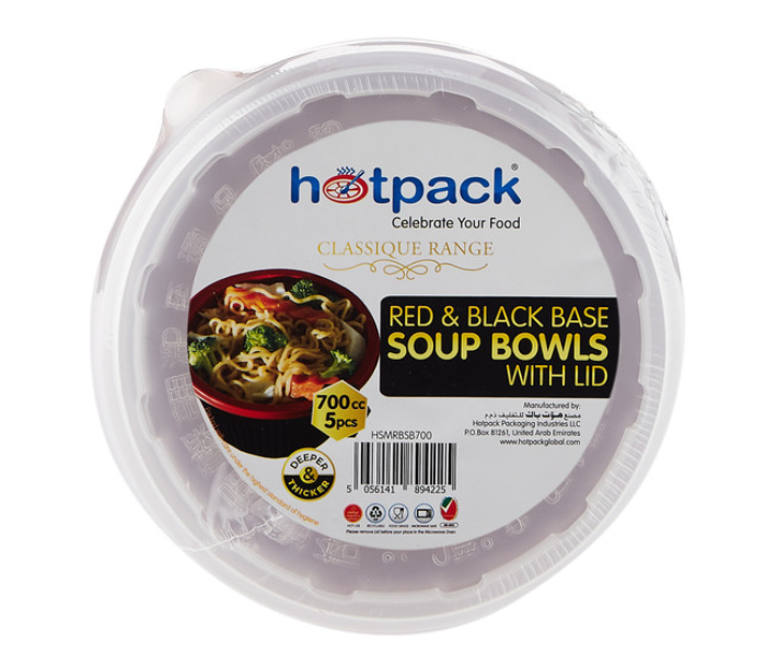 Hotpack HSMRBSB700 5 Pieces 700ml Red and Black Base Soup Bowls with Lids - Zoom Image 1