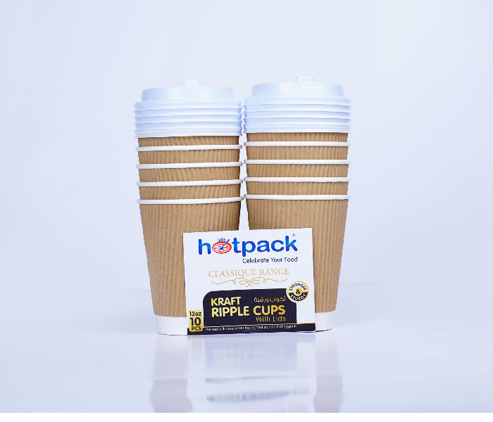 Hotpack HSMPCRW12C 12oz 10 Pieces Paper Ripple Kraft Cup with Lid - Zoom Image