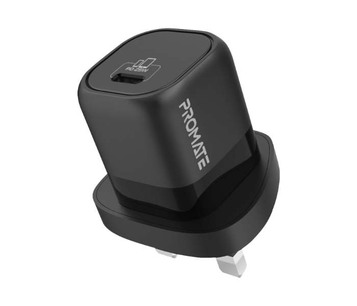 Promate Ultra-Compact USB-C Wall Charger with Fast-Charging USB-C 25W Power Delivery UK Port - Black - Zoom Image 1