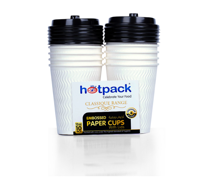 Hotpack HSMEPC12C 12oz 10 Pieces White Embossed Paper Cups with Lid - Zoom Image