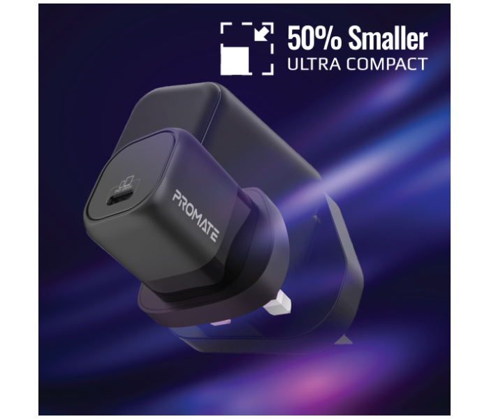 Promate Ultra-Compact USB-C Wall Charger with Fast-Charging USB-C 25W Power Delivery UK Port - Black - Zoom Image 6