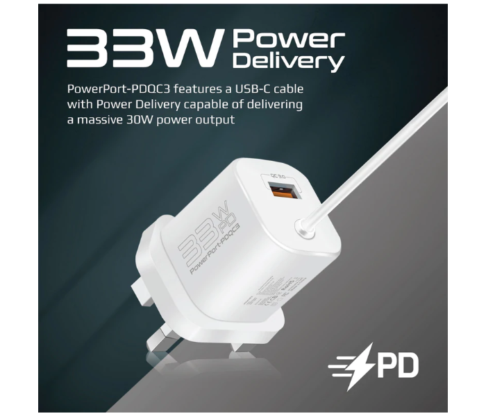 Promate Premium 33W Power Delivery Wall Adapter with 22.5W Quick Charge 3.0 UK Port - White - Zoom Image 2