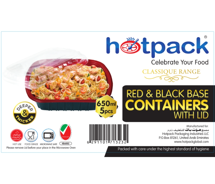 Hotpack HSMRB650 5 Pieces 650ml Red and Black Base Container with Lids - Zoom Image 1