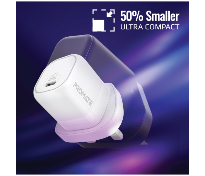 Promate Ultra-Compact USB-C Wall Charger with Fast-Charging USB-C25W Power Delivery UK Port - White - Zoom Image 6