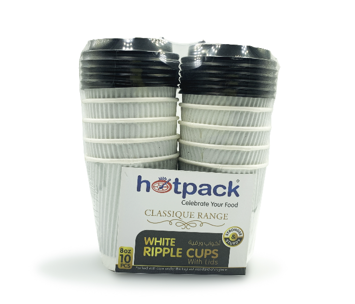 Hotpack HSMPCRW8W 8oz 10 Pieces Ripple Paper Cup White With Black Lid - Zoom Image