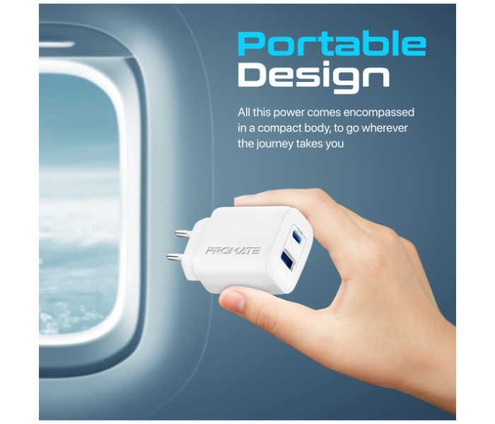 Promate Universal 17W Multi-Port Wall Charger with USB-A Port - White - Zoom Image 3