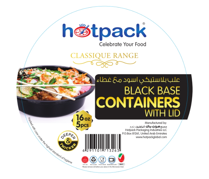 Hotpack HSMBBRO16 5 Pieces 16 oz Black Base Round Container with Lids - Zoom Image 2