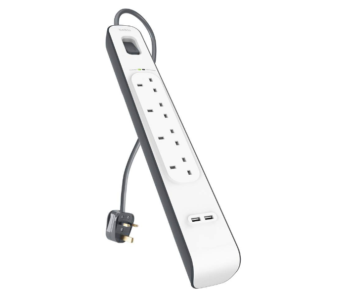 Belkin BSV401AF2M 4-Way Surge Protection Strip with 2 A Shared USB Ports and 2 Meters Cord Length - White - Zoom Image 1