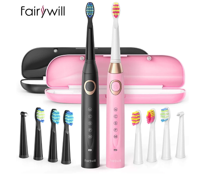 Fairywill FW508-C Combo of 2 Rechargeable Sonic Electric Toothbrush with Portable Travel Case - Black and Pink - Zoom Image 1