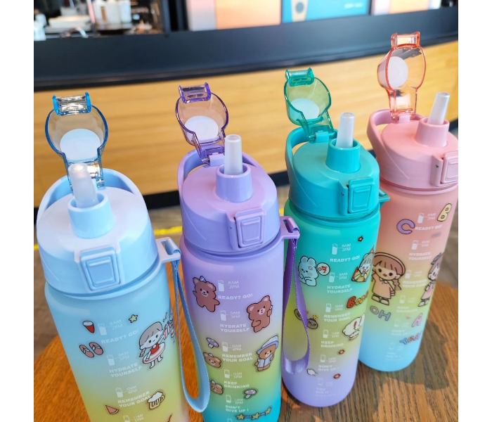 SARI 1L Motivational Sports Water Bottle with Time Marker and Straw-BPA Free Locking Flip-Flop Lid with FREE Cute Stickers - Random Color - Zoom Image 2