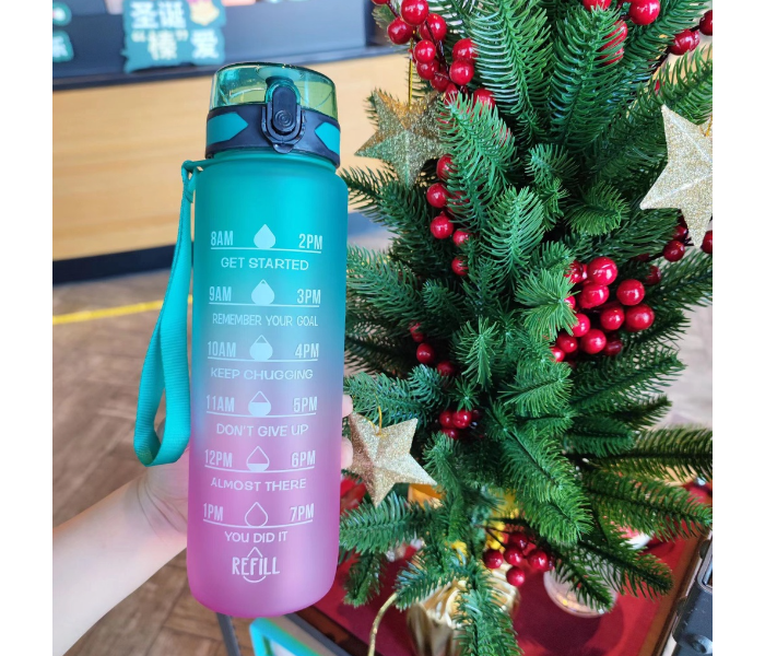 SARI 1L Motivational Sports Water Bottle with Time Marker and Straw-BPA Free Locking Flip-Flop Lid with FREE Cute Stickers - Green - Zoom Image 1