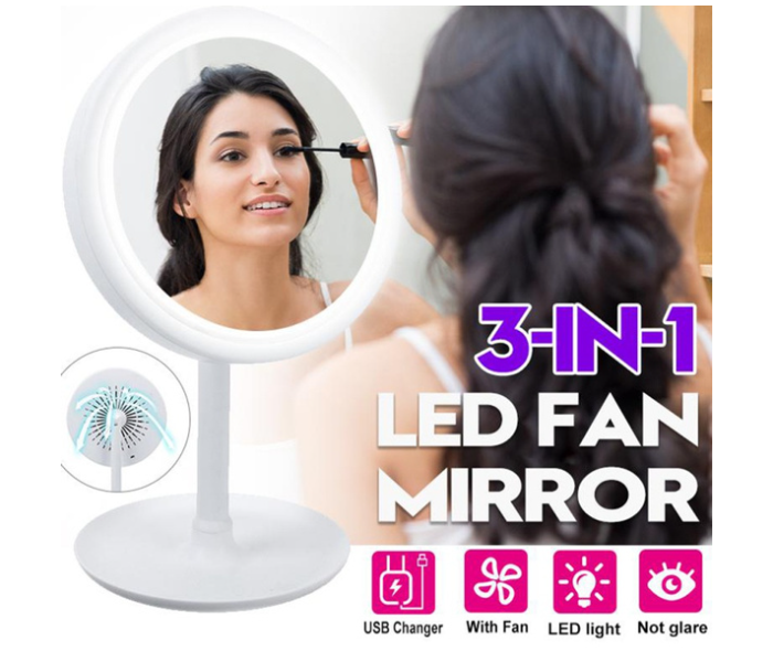 Generic 3 in 1 LED Rotatable Dimmable Makeup Mirror with Fan USB Charging Selfie Ring Light - White - Zoom Image 1