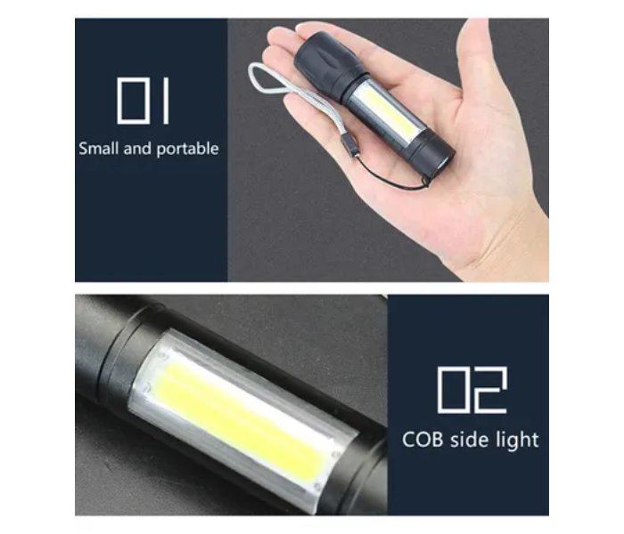 Mini 3 Mode XPE COB 10.1cm Rechargeable LED Flashlight Torch With Box - Black - Zoom Image 4