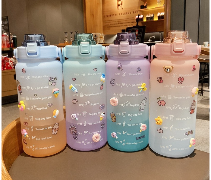 SARI 2L Motivational Sports Water Bottle with Time Marker and Straw-BPA Free Locking Flip-Flop Lid with FREE Cute Stickers - Pink Blue - Zoom Image 3