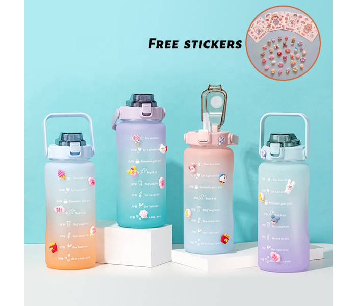 SARI 2L Motivational Sports Water Bottle with Time Marker and Straw-BPA Free Locking Flip-Flop Lid with FREE Cute Stickers - Green Purple - Zoom Image 2