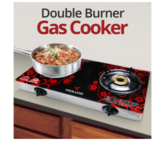 Mebashi ME-GS1002G Double Burner Glass Gas Stove - Black and Silver - Zoom Image 1