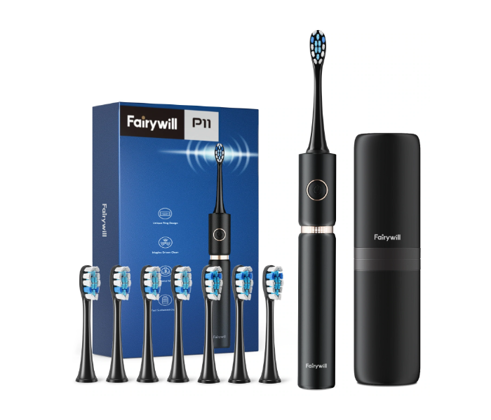 Fairywill FWP11-B Ultrasonic Electric Toothbrush with 8 Brush Heads and Travel Case - Black - Zoom Image 1