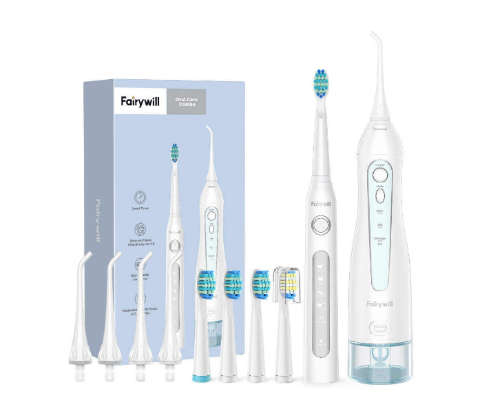 Fairywill FW5020E-W Water Flosser and Electric Toothbrush Combo with 4 Jet Tips and 4 Brush Heads - White - Zoom Image 1