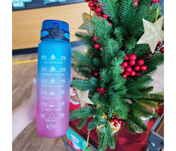 SARI 1L Motivational Sports Water Bottle with Time Marker and Straw-BPA Free Locking Flip-Flop Lid with FREE Cute Stickers - Blue - Zoom Image 1