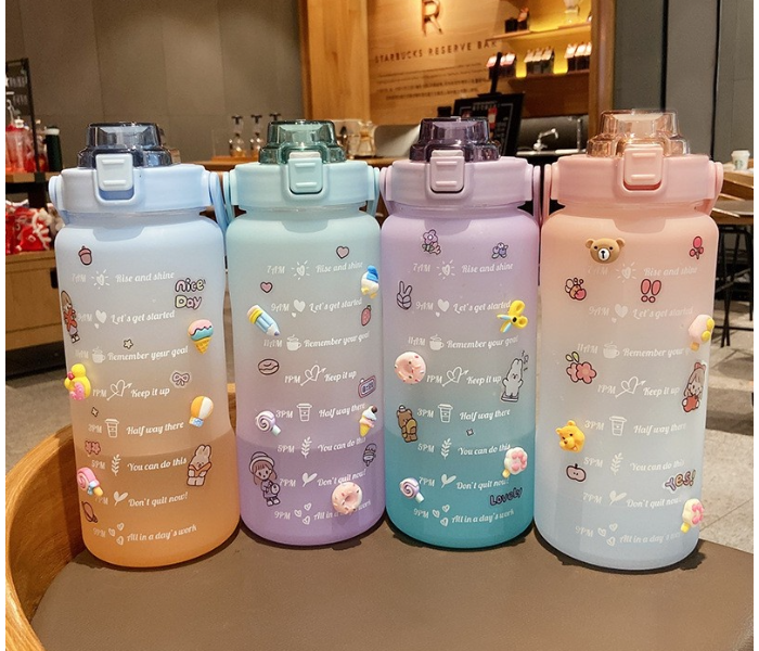 SARI 2L Motivational Sports Water Bottle with Time Marker and Straw-BPA Free Locking Flip-Flop Lid with FREE Cute Stickers - Random Color - Zoom Image 2