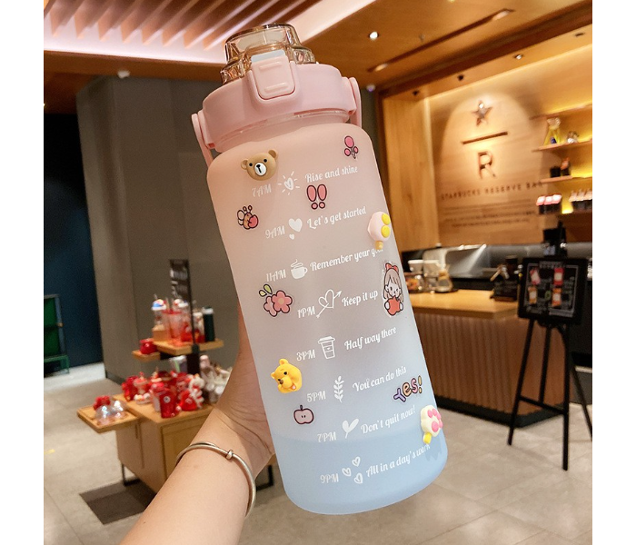 SARI 2L Motivational Sports Water Bottle with Time Marker and Straw-BPA Free Locking Flip-Flop Lid with FREE Cute Stickers - Pink Blue - Zoom Image 1