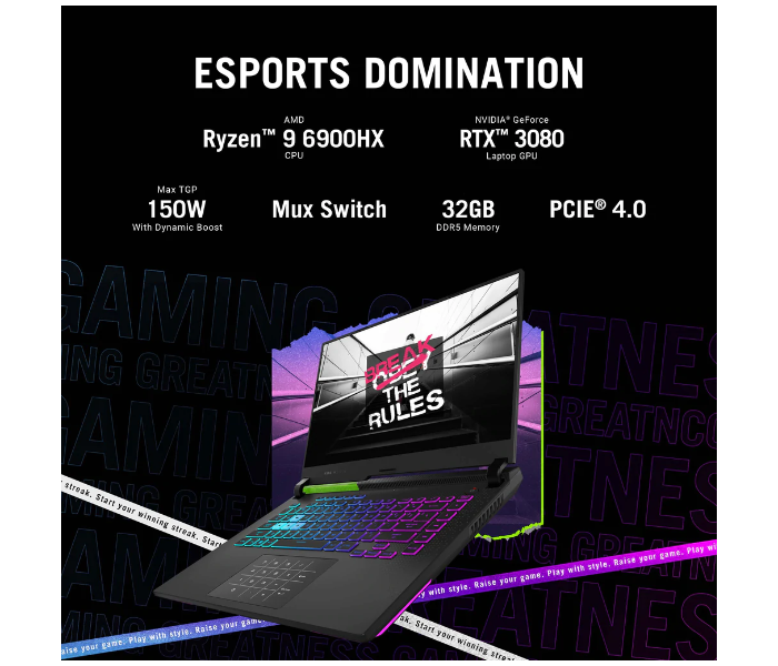 Asus Rog Strix G713RS-KH025W 17.3 Inch FHD AMD Ryzen R9 6900HX Processor 32GB RAM 1TB SSD 8GB NVIDIA GeForce RTX 3080 Graphics Windows 11 Home - Grey - Zoom Image 2