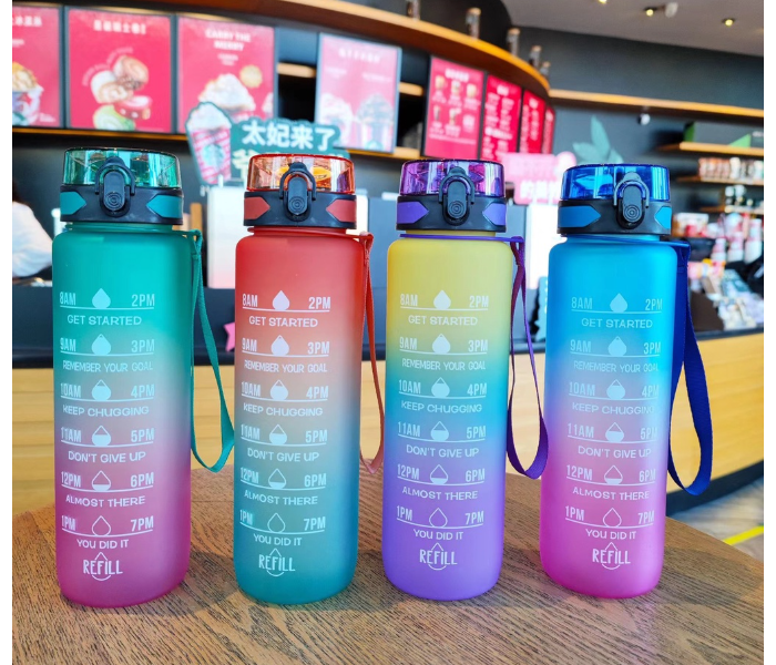 SARI 1L Motivational Sports Water Bottle with Time Marker and Straw-BPA Free Locking Flip-Flop Lid with FREE Cute Stickers - Blue - Zoom Image 2