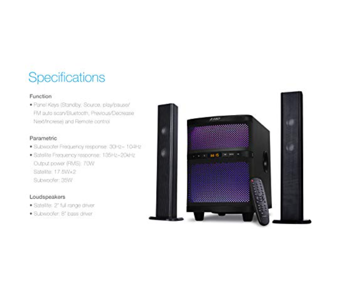 F&D T200X 70 Watt 2.1 Channel Wireless Bluetooth Tower Speaker - Black - Zoom Image 6