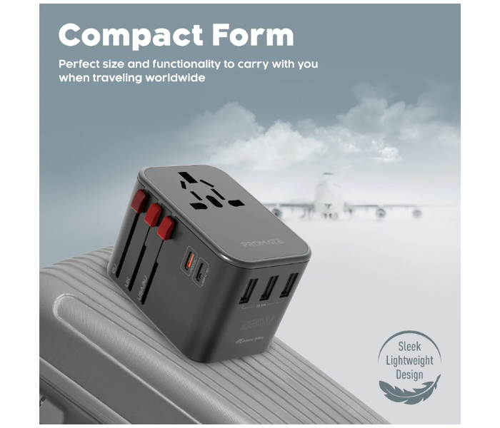 Promate TripMate-33W Smart Charging Surge Protected Universal Travel Adapter - Black - Zoom Image 7