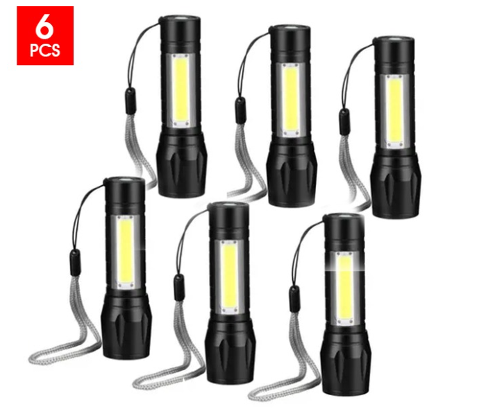 Pack of 6 Mini 3 Mode XPE COB 10.1cm Rechargeable LED Flashlight Torch With Box - Black - Zoom Image