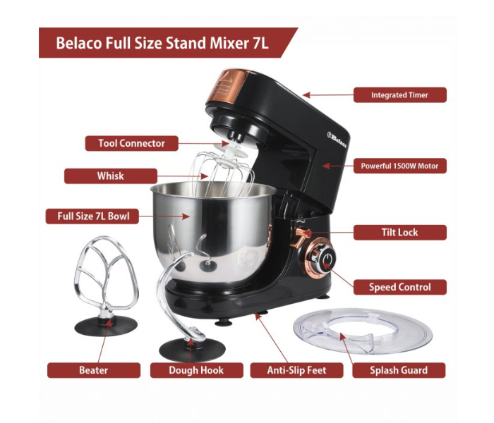 Belaco SM0123BEL Stainless Steel Bowl 1500 Watt Heavy-duty Stand Mixer - Black - Zoom Image 4