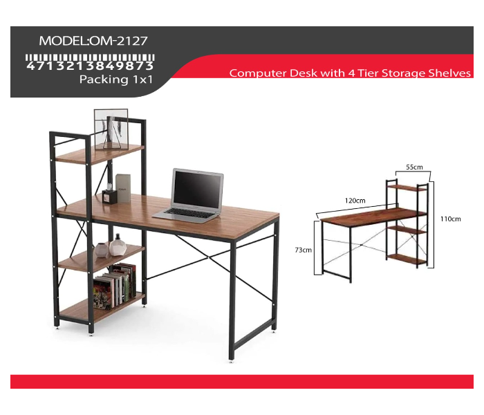 Multipurpose Computer Desk with 4 Tier Shelves for Work Study or Gaming - Brown - Zoom Image 4