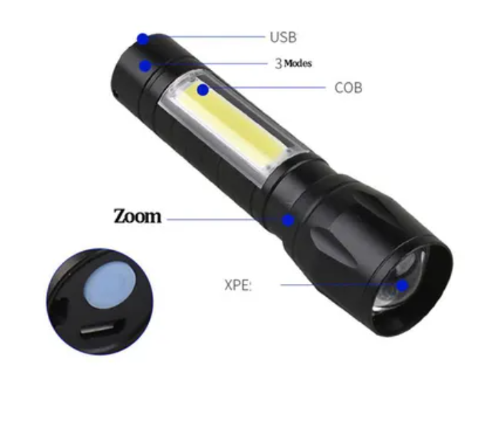 Mini 3 Mode XPE COB 10.1cm Rechargeable LED Flashlight Torch With Box - Black - Zoom Image 2