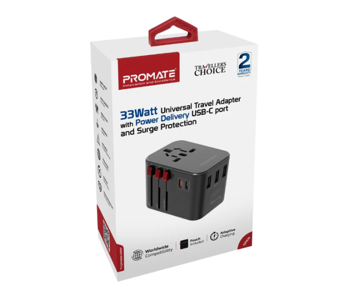 Promate TripMate-33W Smart Charging Surge Protected Universal Travel Adapter - Black - Zoom Image 6