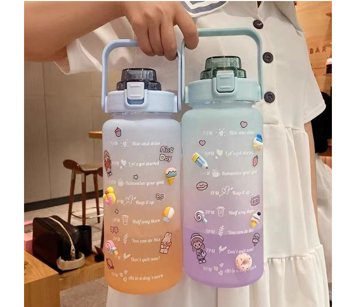 SARI 2L Motivational Sports Water Bottle with Time Marker and Straw-BPA Free Locking Flip-Flop Lid with FREE Cute Stickers - Green Purple - Zoom Image 3