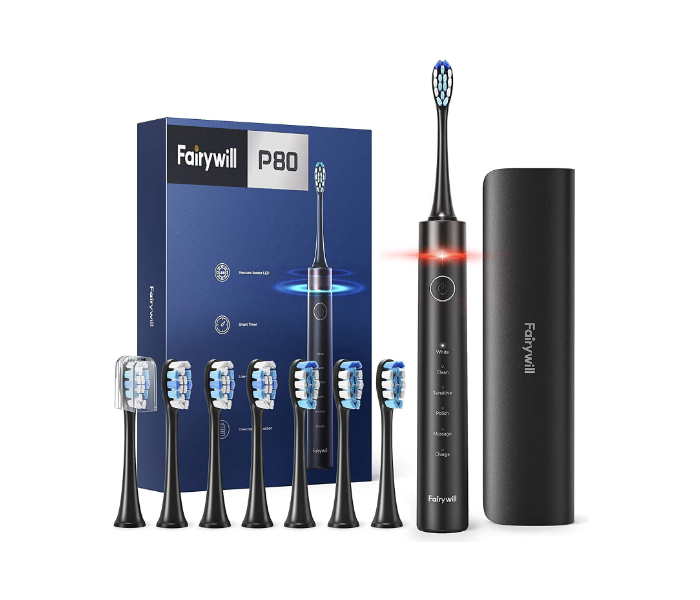 Fairywill FWP80 Pressure Sensor Electric Toothbrush with 8 Brush Heads - Black - Zoom Image 1