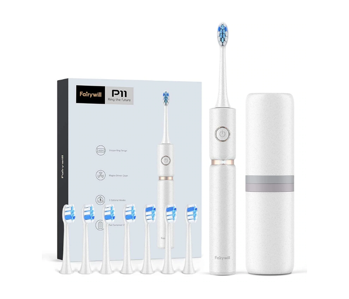 Fairywill FWP11-W Ultrasonic Electric Toothbrush with 8 Brush Heads and Travel Case - White - Zoom Image