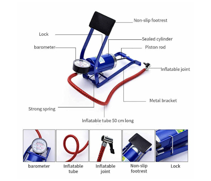 GTC Portable Floor Foot Air Pump - Blue - Zoom Image 4