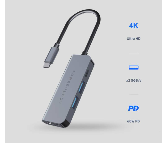 Powerology P4CHBGY USB-C Hub 4 in 1 Charge - Grey - Zoom Image 2