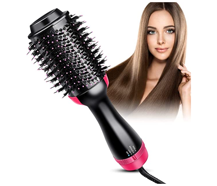 All in 1 Hot Air Brush for Hair Dryer Curler and Straightener for Women - Pink and Black - Zoom Image 1