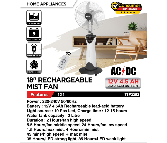 Telionix TSF2252 18 Inch Rechargeable Mist Fan - White - Zoom Image