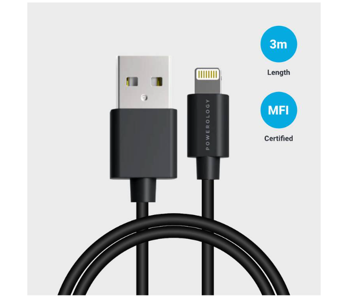 Powerology P3BLBK 3M Fast Charging USB-A to Lightning Cable - Black - Zoom Image 1