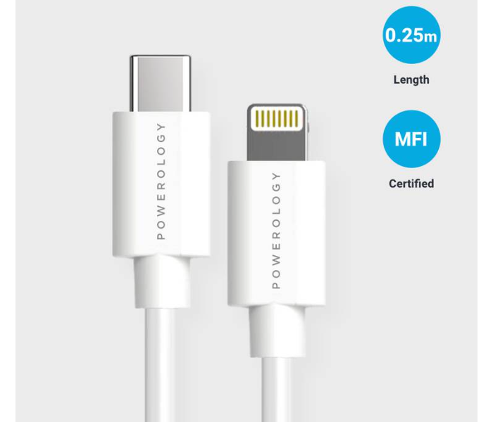 Powerology P025BCLWH 0.25m Fast Charging USB-C to Lightning Cable - White - Zoom Image 1