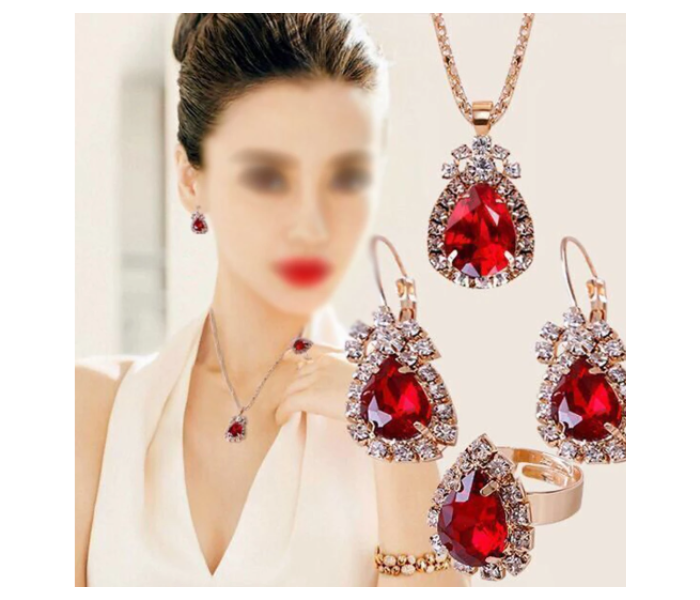 Fashion Waterdrop Shiny Rhinestones Necklace Ring Earrings Women Jewelry Set - Red - Zoom Image 3