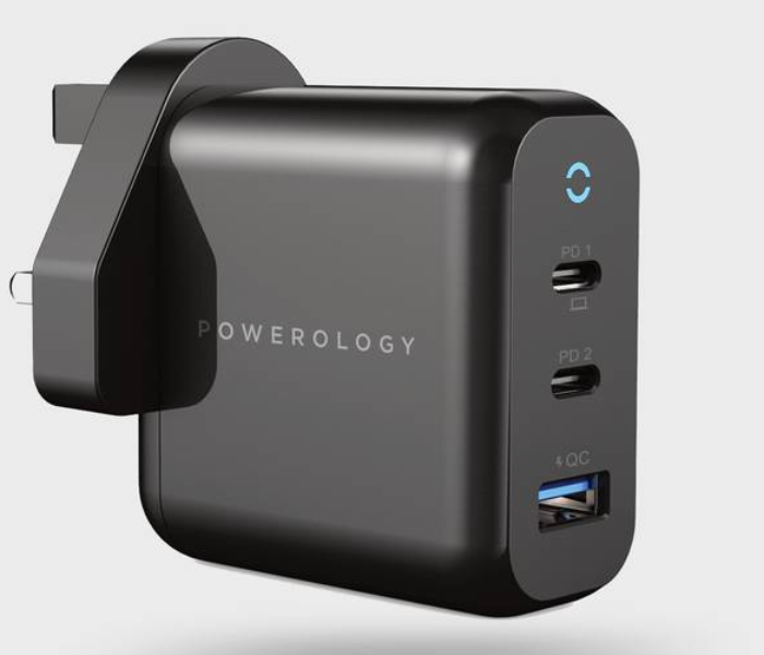 Powerology P65PDWUKBK Wall Charger UK 65W 3-Output with PD UK GaN Wall Charger - Black - Zoom Image 1