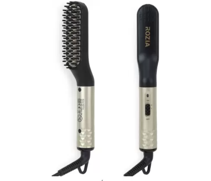 Rozia 2 in 1 Men's Beard and Hair Portable ionic Straightener Brush - Black and Gold - Zoom Image 2