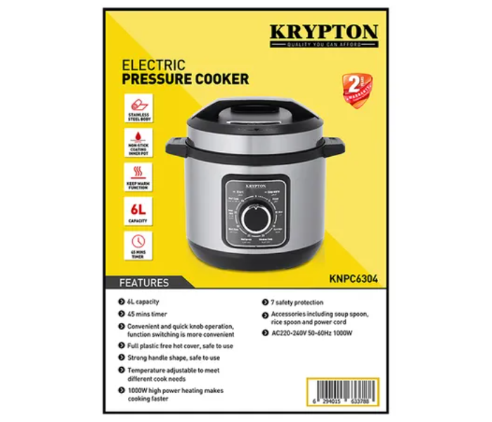 Krypton KNPC6304 6 Litre 1000 Watts Electric Pressure Cooker - Black and Silver - Zoom Image 2