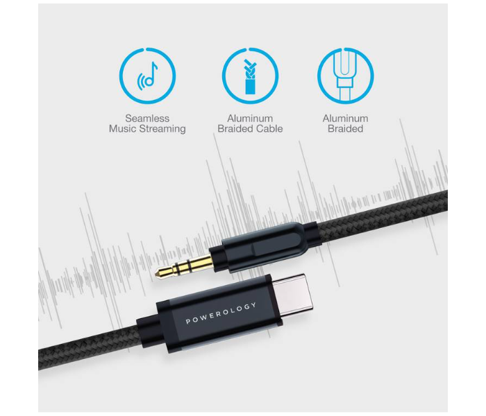 Powerology P12CAUGY Aluminum Braided Type C USB C Cable 3.5mm Audio Aux Jack Cable - Grey - Zoom Image 3